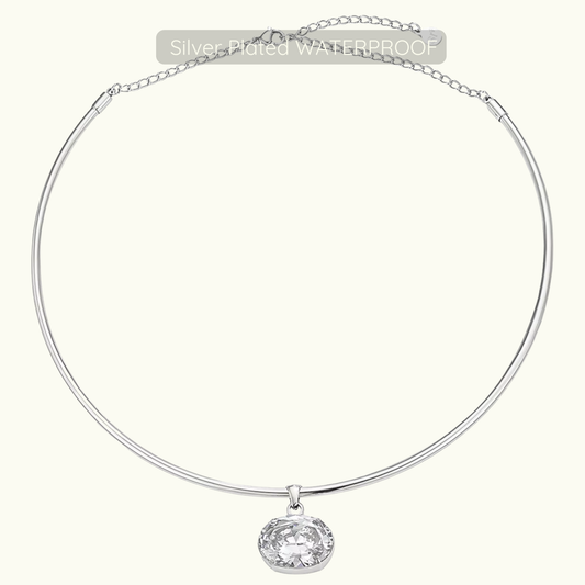 Holly Oval Stone Choker Necklace - Silver - Waterproof