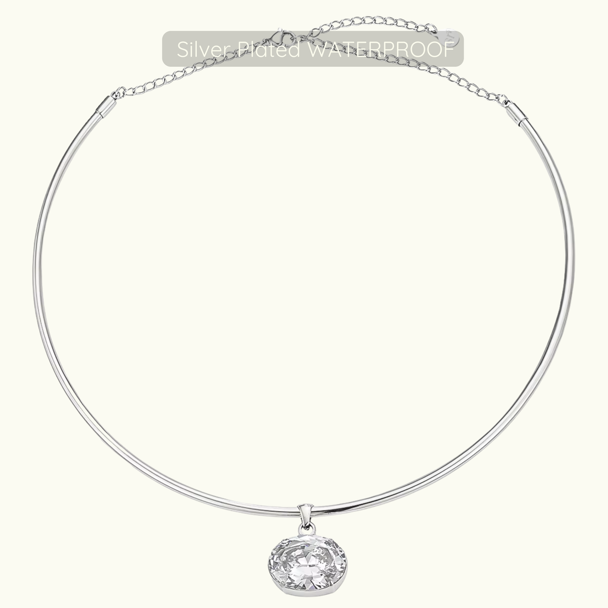 Holly Oval Stone Choker Necklace - Silver - Waterproof