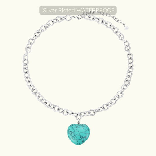 Marina - Turquoise Heart Necklace - Silver Plated - Waterproof