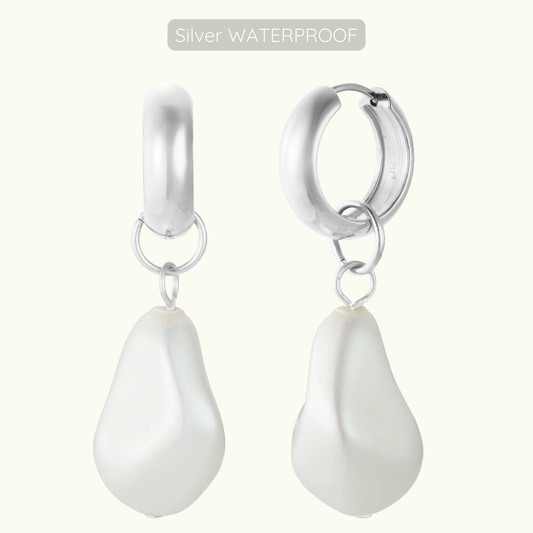 Marie Pearl Charm Hoops - Silver - WATERPROOF