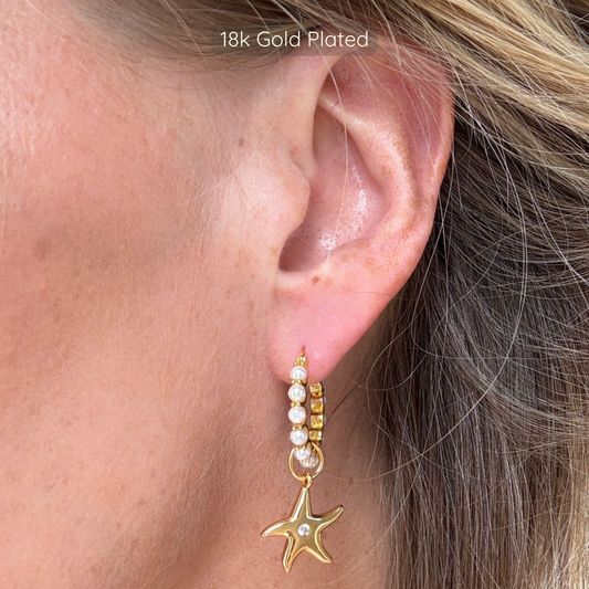 Madison Pearl Hoops with Starfish Charms - 18K Gold Plated